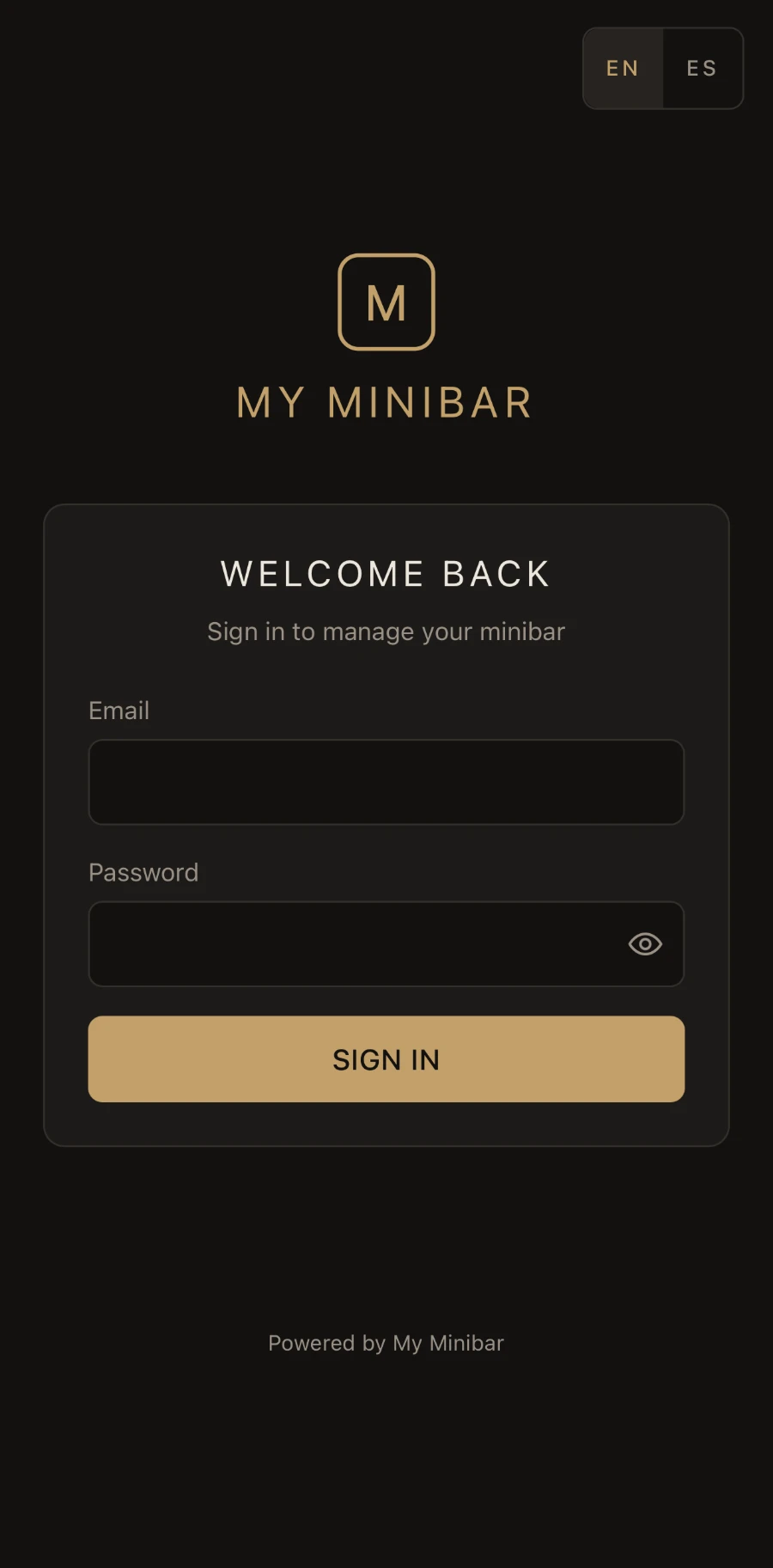 MiniBar sign-in screen with English and Spanish language options