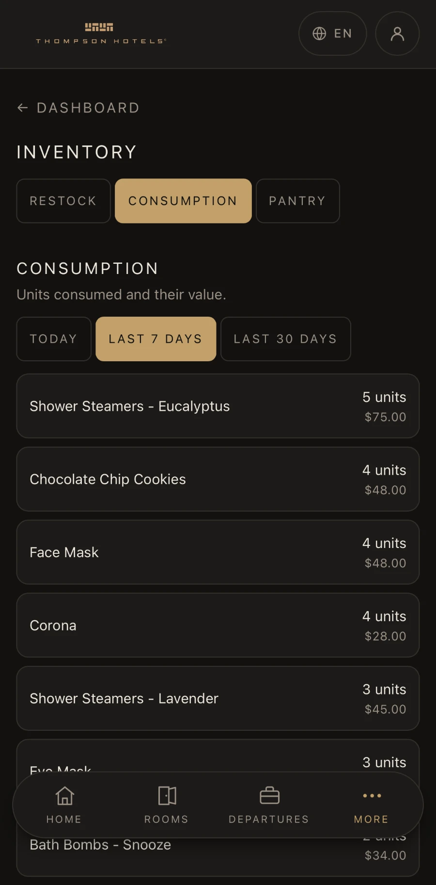 MiniBar inventory and par-level management screen
